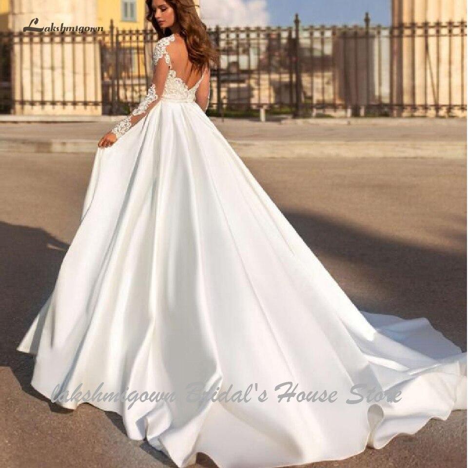 NumberSea Luxury Satin Wedding Dress Long Sleeve Sheer Illusion Lace Top