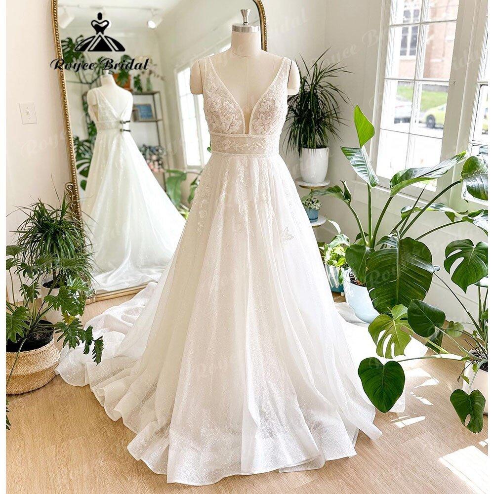 NumberSea Luxury Shiny Glitter Plunging V Neck Lace Wedding Dress for Women 2025 Sleeveless Bridal Gown Custom Made vestido de casamento