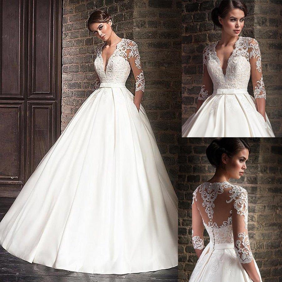 NumberSea Marvelous Satin V-Neck A-Line Wedding Dresses With Lace Appliques Half Sleeves Bridal Dress with Pocket vestidos de formatura