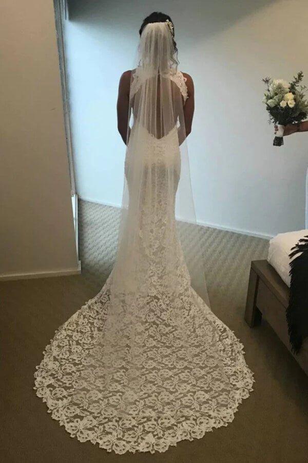 NumberSea Mermaid Lace Open Back Side Split Long Wedding Dresses, Bridal Gowns, MW758