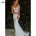 NumberSea Mermaid Soft Satin Wedding Dresses Spaghetti Straps Sleeveless Sexy Low V-Neck Beading Lace Appliques Cathedral Train Bride Gown