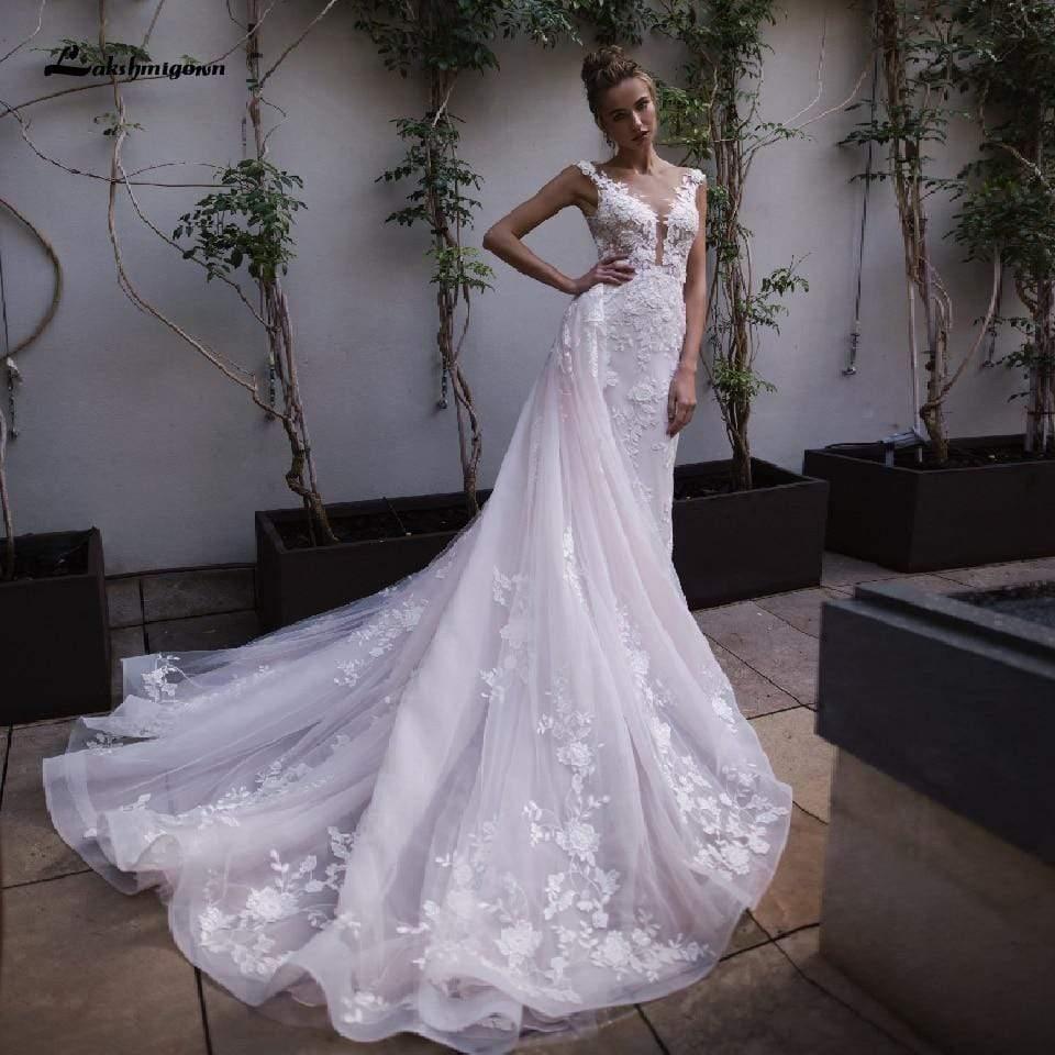 NumberSea Mermaid Wedding Dresses with Detachable Skirt Blush Pink