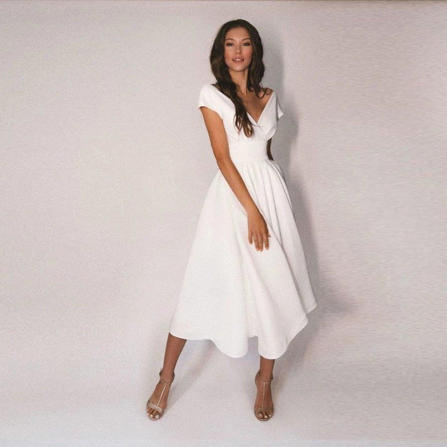 NumberSea Modest V-Neck Tea Length Short Sleeve Wedding Dresses Jersey A-Line Bridal Gowns with Pleats Vestidos De Novia