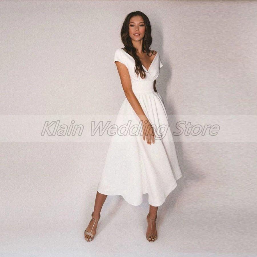 NumberSea Modest V-Neck Tea Length Short Sleeve Wedding Dresses Jersey A-Line Bridal Gowns with Pleats Vestidos De Novia