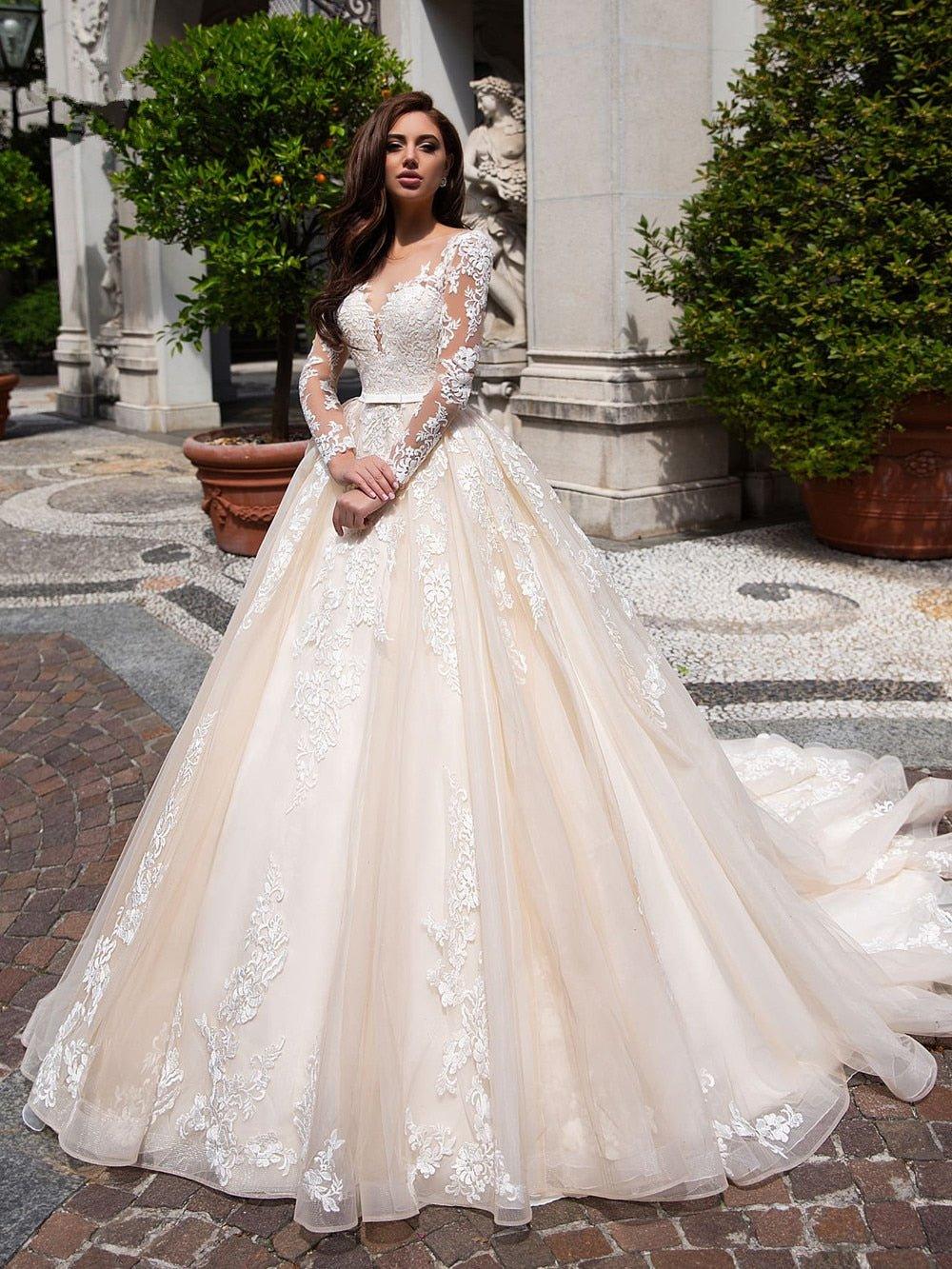 NumberSea Muslim Wedding Dresses Ball Gown Long Sleeves Tulle Appliques Lace Dubai Arabic Wedding Gown Bridal Dress Vestido De Noiva