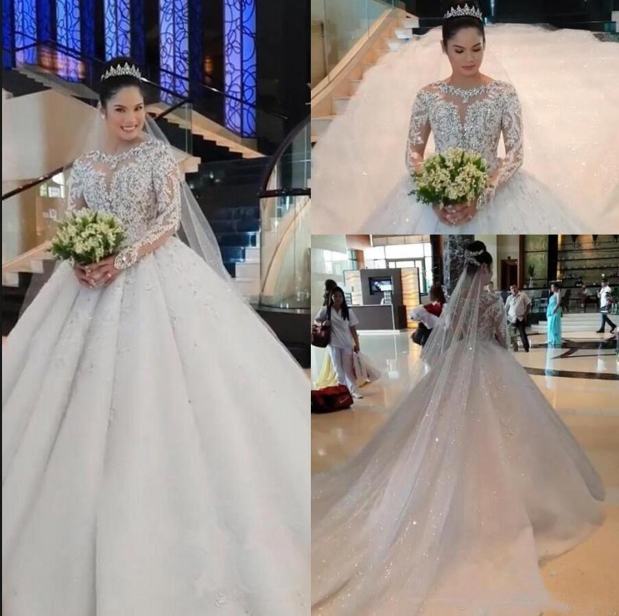 NumberSea New Luxury Lace Ball Gown Wedding Dresses Long Sleeves Beaded Appliques Jewel Neck Court Train Wedding Bridal Gowns Custom Made