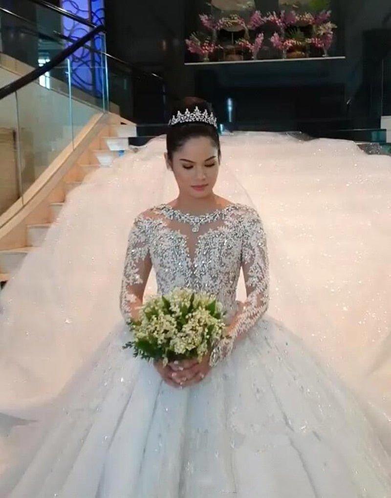 NumberSea New Luxury Lace Ball Gown Wedding Dresses Long Sleeves Beaded Appliques Jewel Neck Court Train Wedding Bridal Gowns Custom Made
