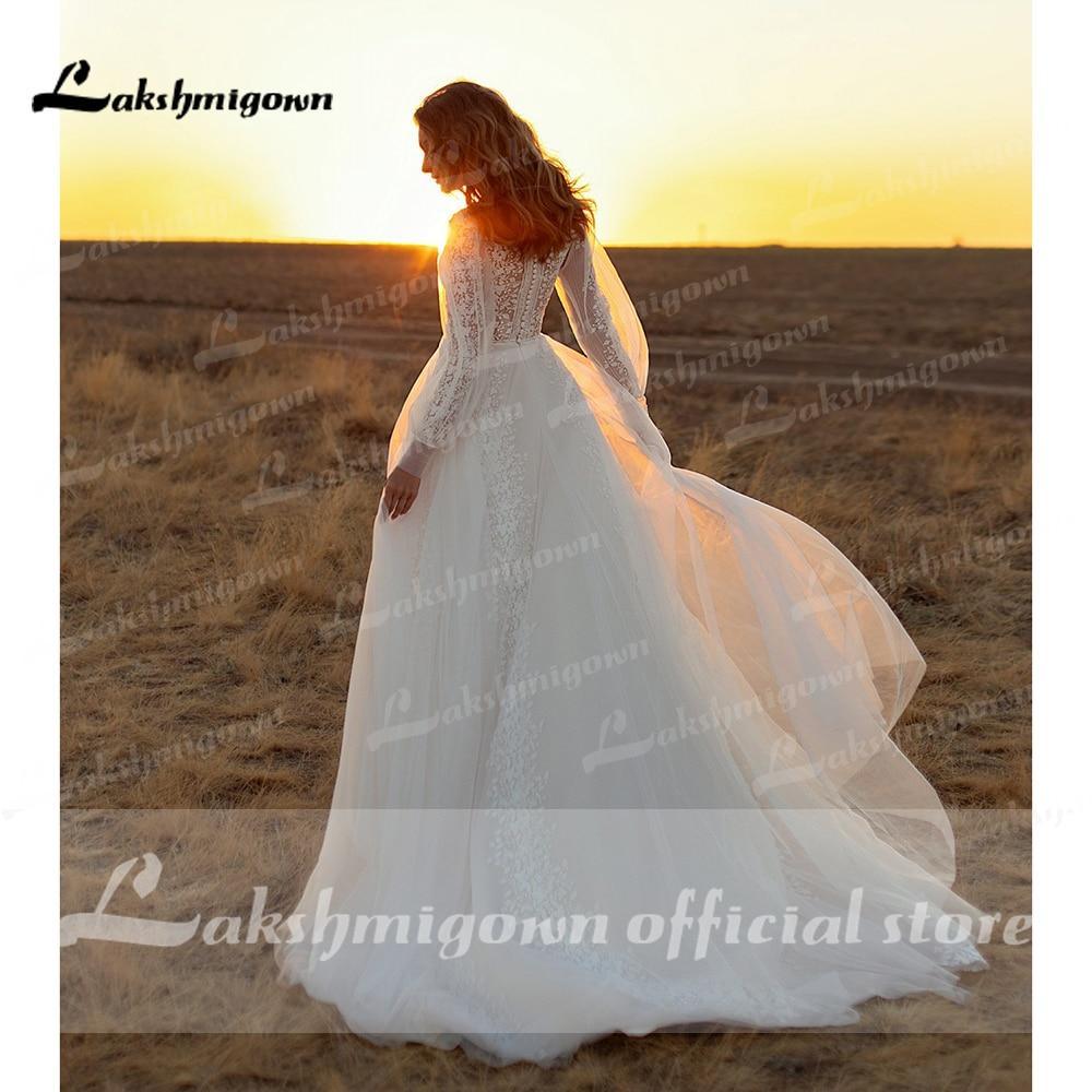 NumberSea Newest Long Sleeve O Neck Lace Wedding Dresses