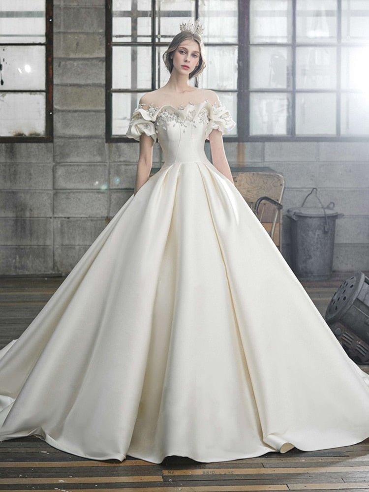 NumberSea Off The Shoulder Flower Satin Wedding Dress 2021 New Floor Length Light Simple Bridal Dress Robe De Mariee