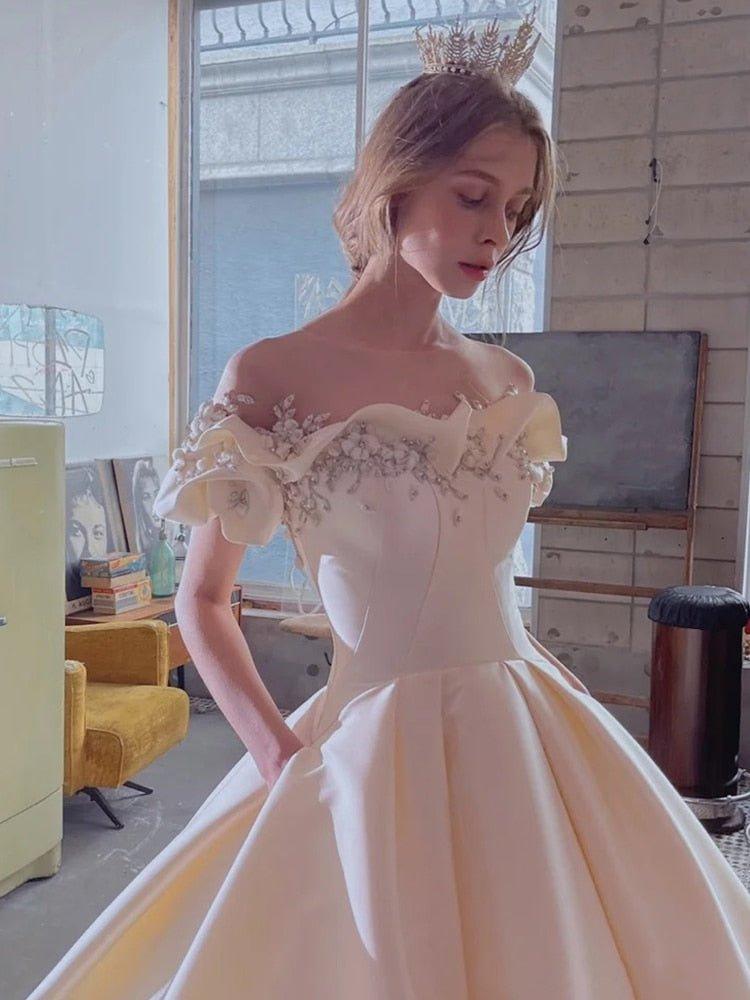 NumberSea Off The Shoulder Flower Satin Wedding Dress 2021 New Floor Length Light Simple Bridal Dress Robe De Mariee