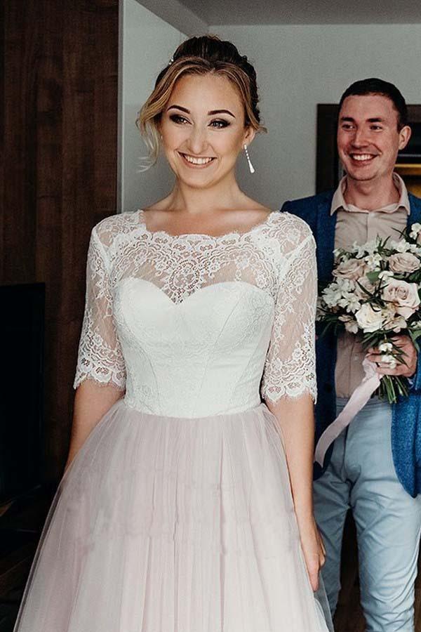 NumberSea Pink Tulle Lace Backless Half Sleeves Lace Up Wedding Dresses, Bridal Gown, MW742