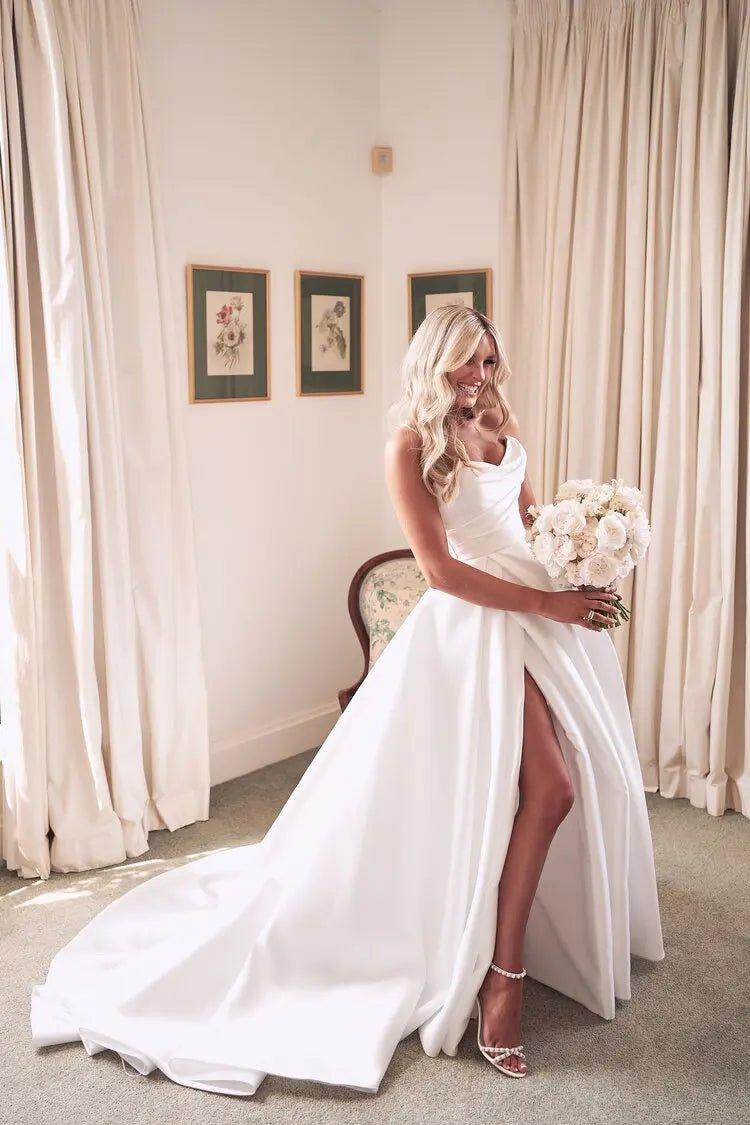 NumberSea Pleat Sweetheart A Line Wedding Dresses Side Slit Vestido De Noiva Satin Appliqued Women Bridal Dresses