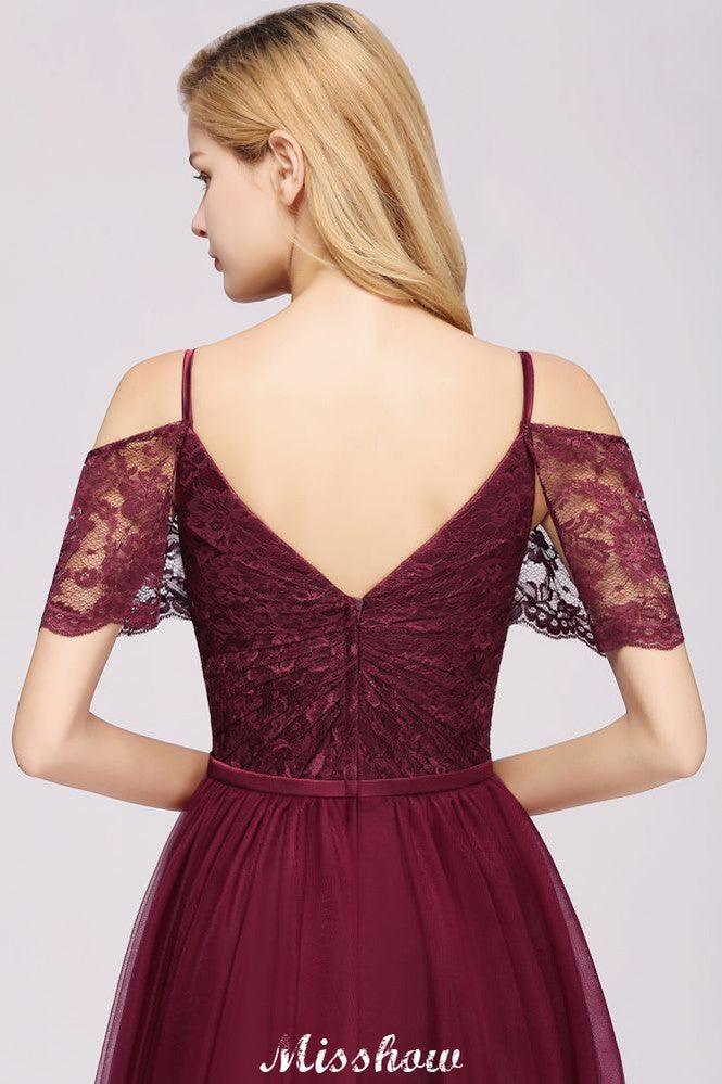 Off the Shoulder Burgundy Aline Bridesmaid Dress Floor Length Tulle Evening Maxi Gown