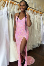 Mermaid V Neck Straps Sequins Pleated Long Prom Dress with Slit