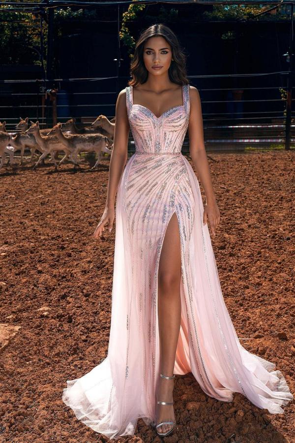 Pink Straps Long Prom Dress Mermaid Ruffles Ball Dresses Split Sweetheart