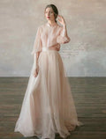 Numbersea Two Piece Empire Minimalist Wedding Guest Formal Evening Birthday Dress Stand Collar Long Sleeve Floor Length Chiffon with Tier
