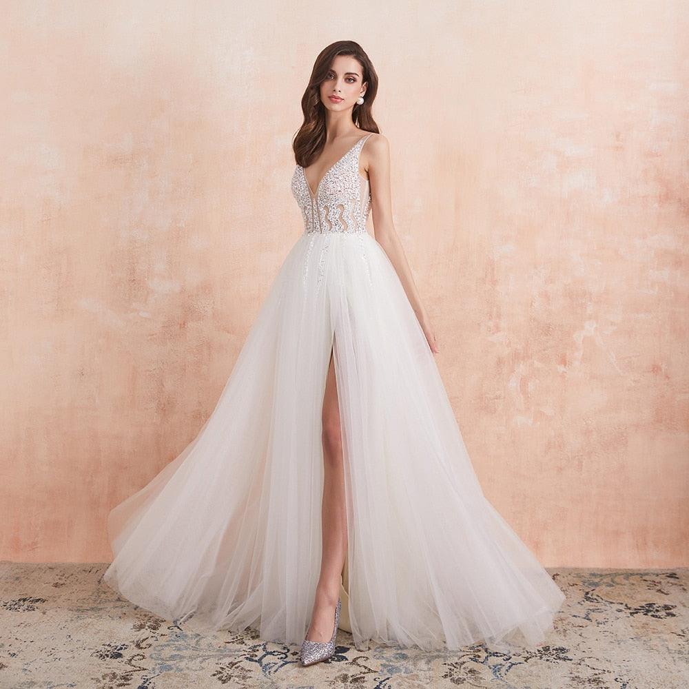 NumberSea V Neck Wedding Dress White Ivory Sexy High Splits Beaded Beading Pearls Crystal A Line Backless Bridal Gown Vestido De Noiva