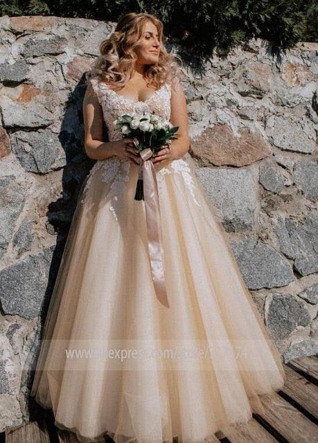 NumberSea V-neck Lace Applique Cap Sleeve Long Elegant A-line Wedding Dress with Lace-up Pearls Champagne Bridal Dress vestido de novia