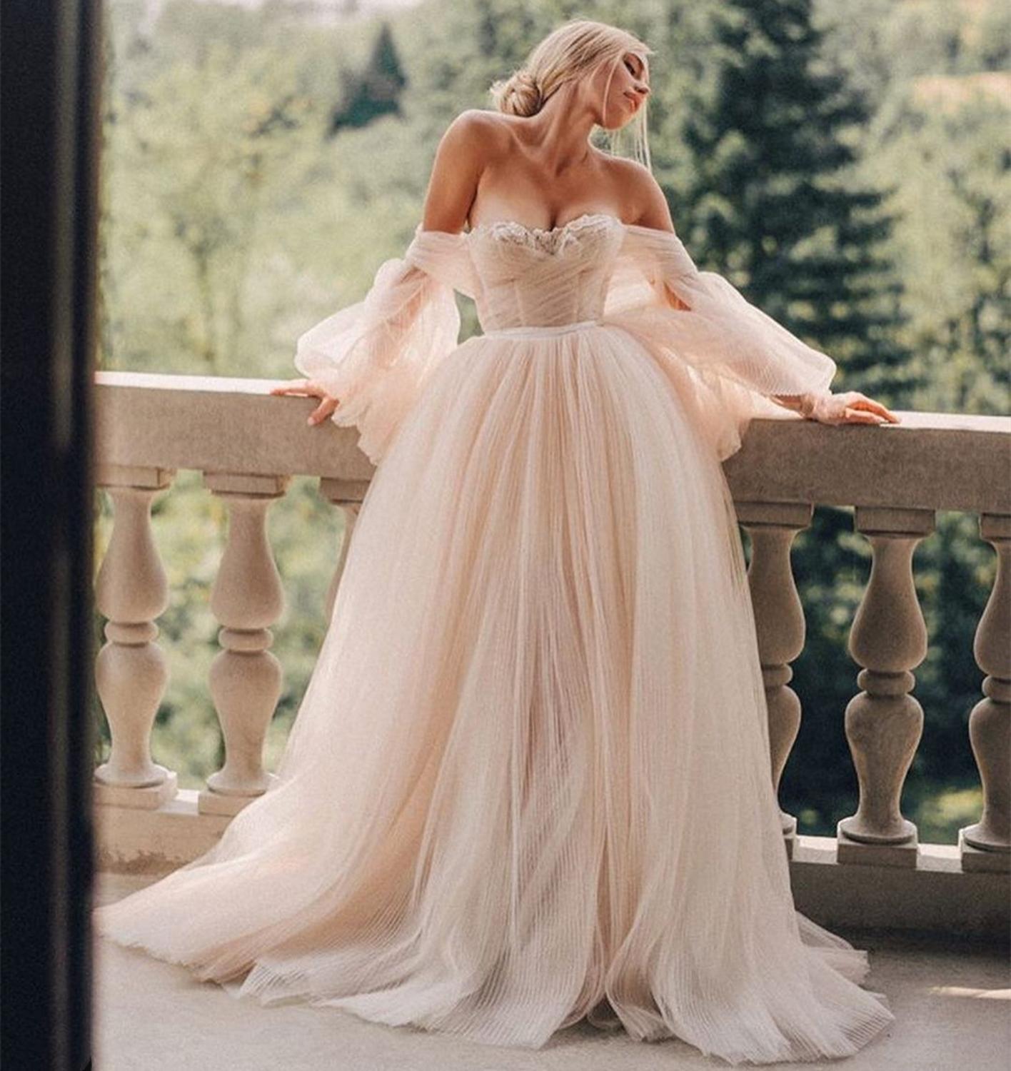 NumberSea Wedding Dress Ball Gowns Long Puff Sleeve Champagne Off Shoulder Brilliant Brdal Gowns robe de mariée bohème vestidos de novia