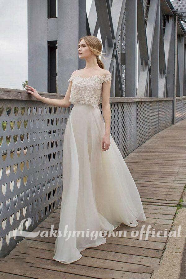 NumberSea Two Piece BOHO Wedding Dresses Lace Appliques Bodice Illusion Neckline Chiffon A Line Romantic Bohemian Bridal Dresses Summer