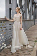 NumberSea Two Piece BOHO Wedding Dresses Lace Appliques Bodice Illusion Neckline Chiffon A Line Romantic Bohemian Bridal Dresses Summer