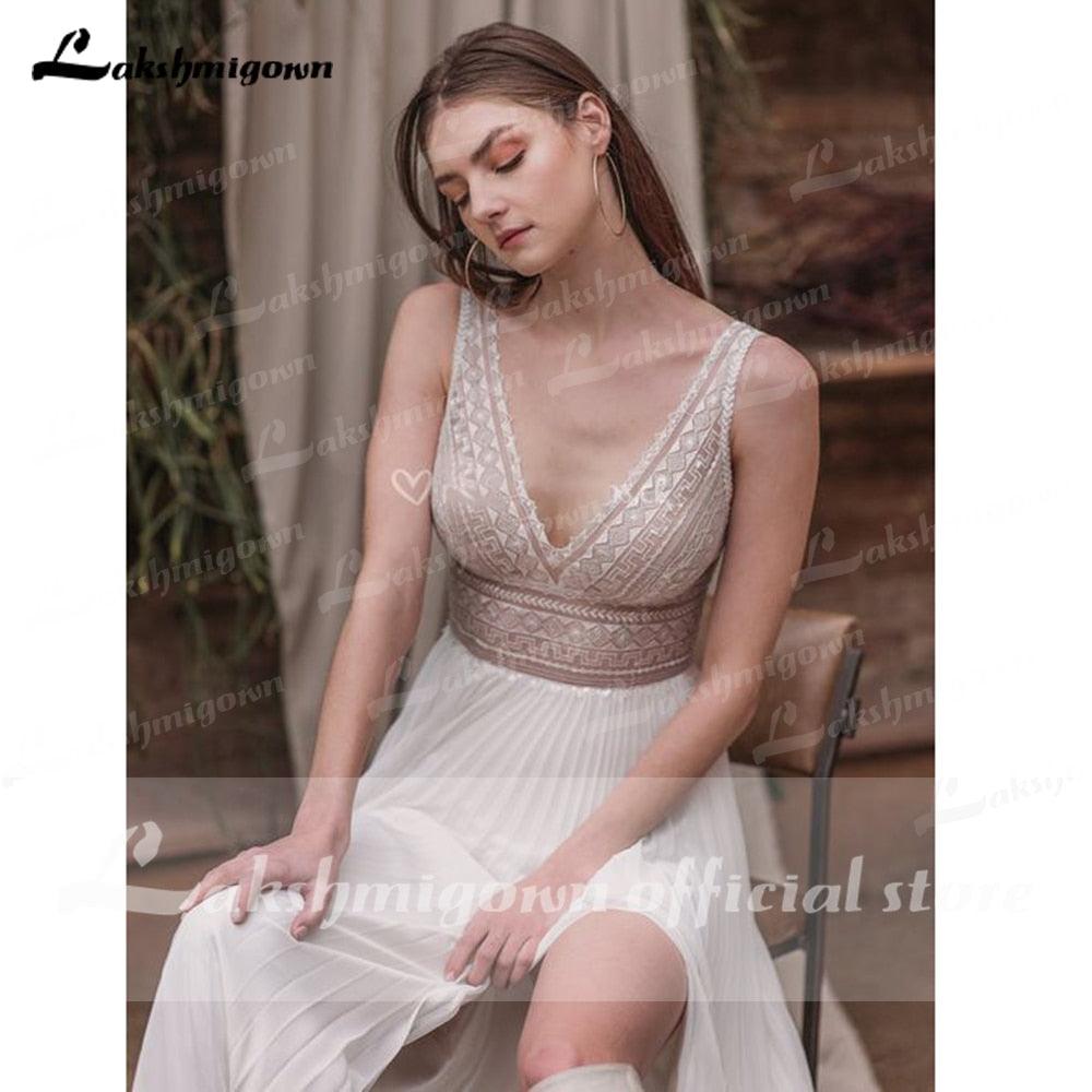NumberSea vestido de novia sin espalda Deep V Neck Sexy Lace High Split Sleeveles Open Back Wedding Dresses vestido de fiesta de boda 2021