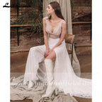 NumberSea vestido de novia sin espalda Deep V Neck Sexy Lace High Split Sleeveles Open Back Wedding Dresses vestido de fiesta de boda 2021