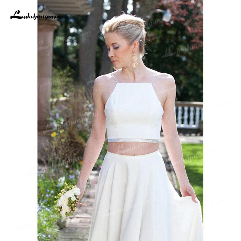 NumberSea Two Piece Chiffon A-Line Wedding Dresses Spaghetti Straps Neck Open Back Sleeveless Sweep/Brush Train Beach Bride Gowns Pleats