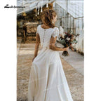 NumberSea Two Pieces Wedding Dresses Lace Top Short Sleeve O-Neck Chiffon Floor-Length Sweep Train Beach Bridal Gowns Back Design Button