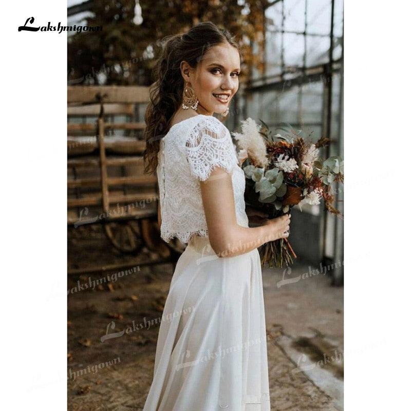 NumberSea Two Pieces Wedding Dresses Lace Top Short Sleeve O-Neck Chiffon Floor-Length Sweep Train Beach Bridal Gowns Back Design Button