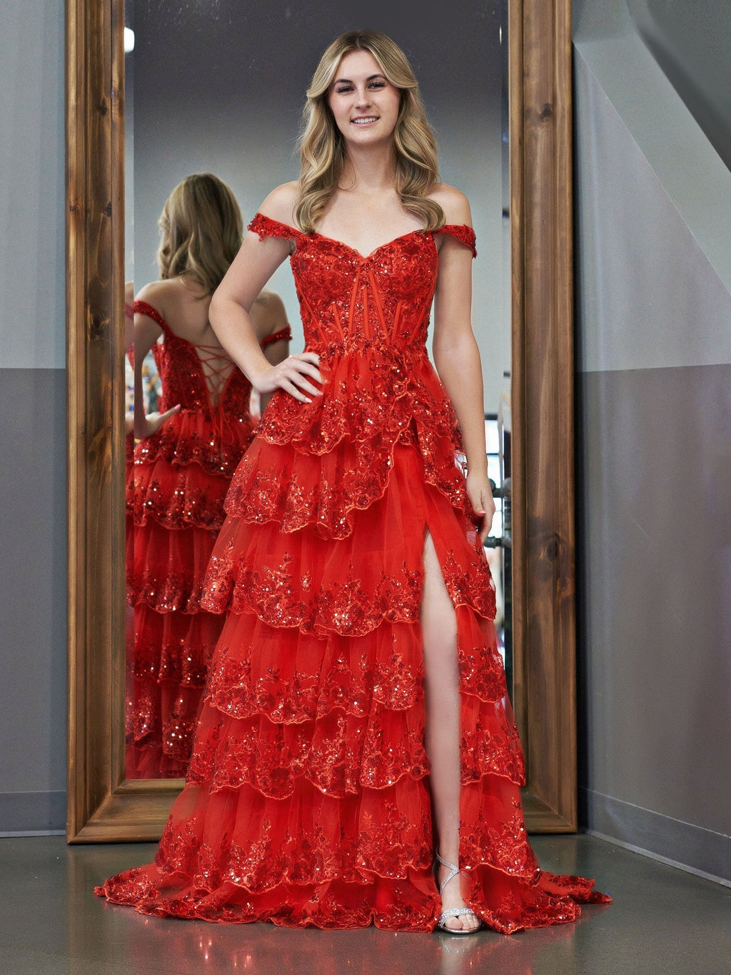 A Line Off the Shoulder Corset Prom Dress with Lace Ruffles