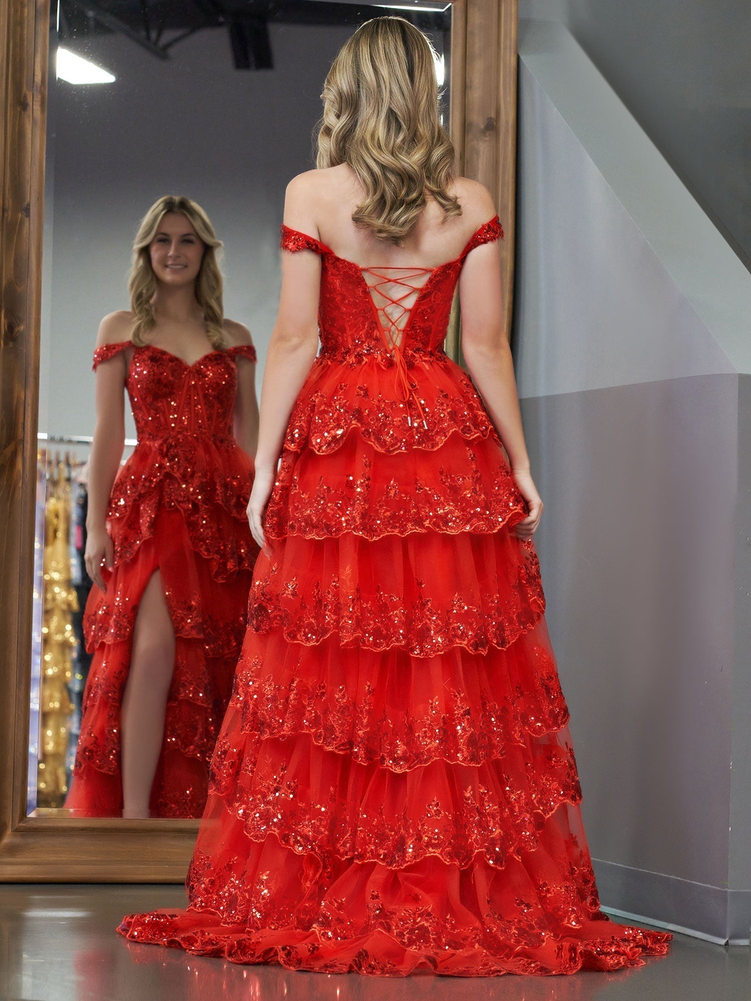A Line Off the Shoulder Corset Prom Dress with Lace Ruffles