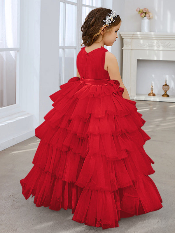 Ball-Gown/Princess Pearl Pink Sleeveless Tulle Bow Flower Girl Dress