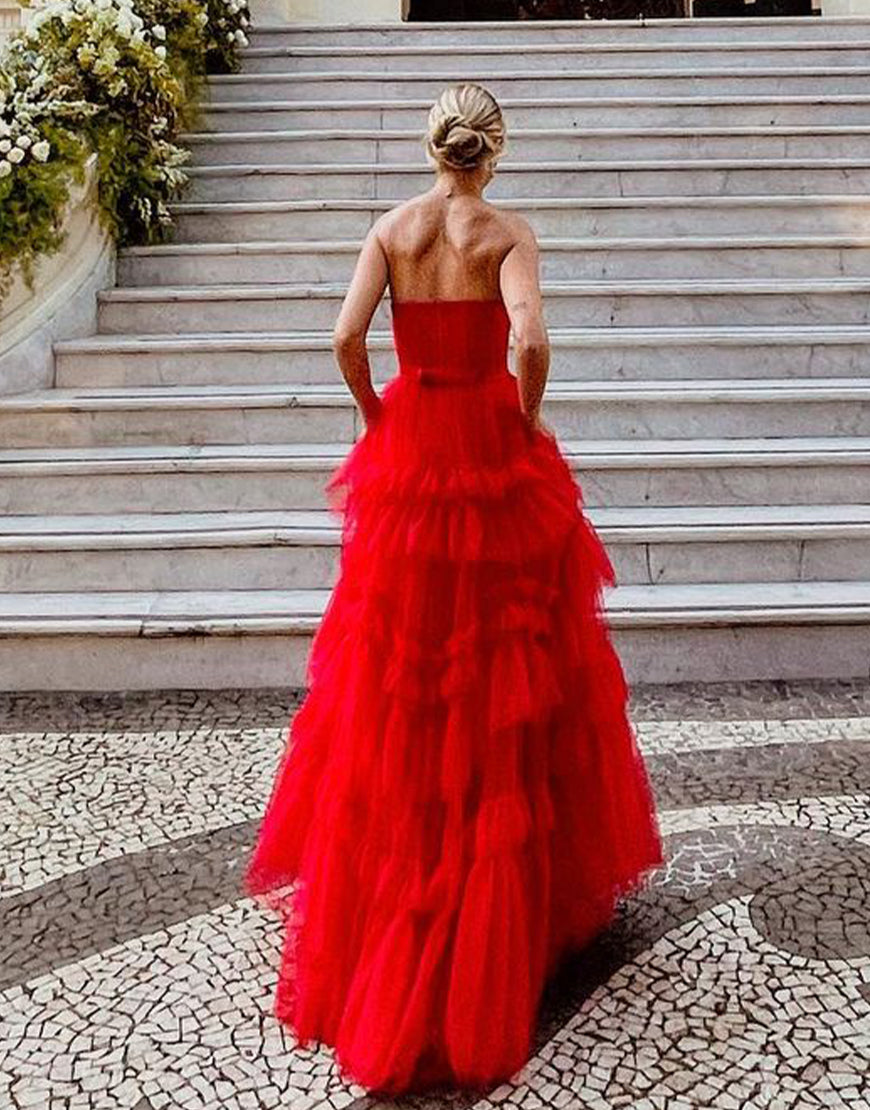 A-Line Strapless Ruffled Tulle Prom Dress