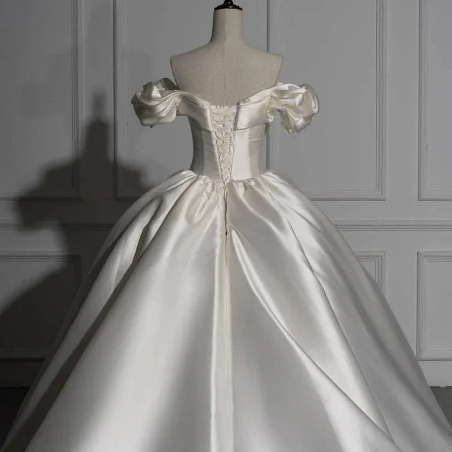 Romantic Off-the-shoulder Ball Gown Satin Wedding Dresses