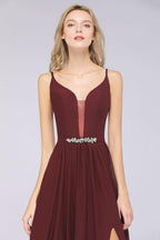 Sexy Double Deep V-Neck Ruffles Sleeveless Bridesmaid Dress Chiffon Side Split Evening Party Dress