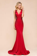 Sexy V-neck Sleeveless Mermaid Evening Maxi Gown Floral Appliques Party Dress with Sweep Train