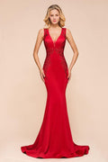 Sexy V-neck Sleeveless Mermaid Evening Maxi Gown Floral Appliques Party Dress with Sweep Train