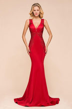 Sexy V-neck Sleeveless Mermaid Evening Maxi Gown Floral Appliques Party Dress with Sweep Train