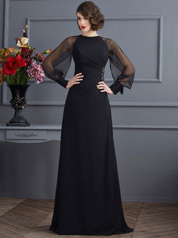 Sheath/Column Scoop Long Sleeves Beading Long Chiffon Prom Dresses