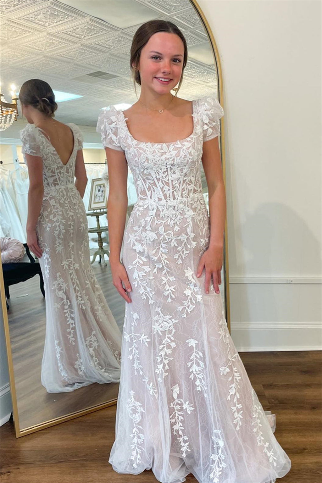 Appliques Square Neck Puff Sleeves Long Prom Dress