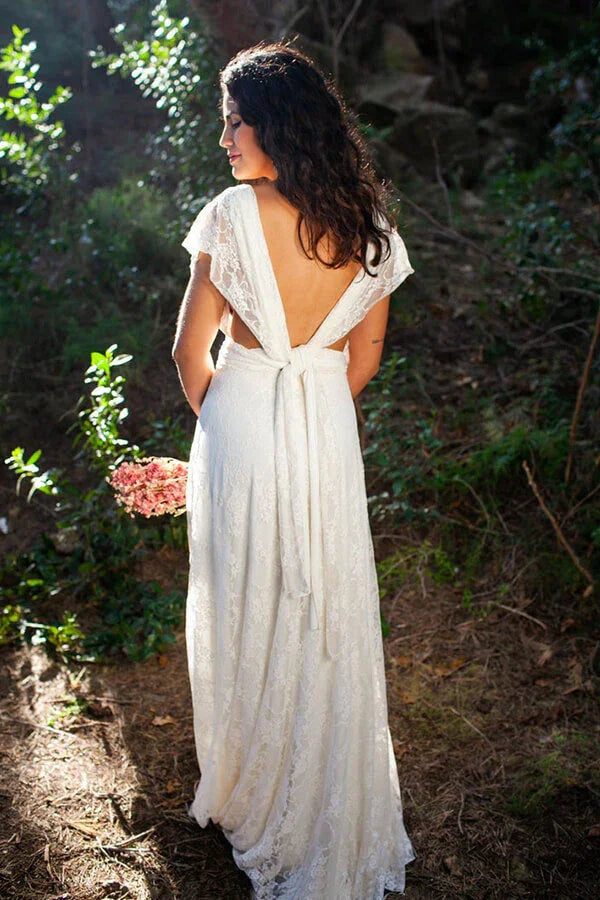Simple Long A-line Open Back Sleeveless V-neck Lace Wedding Dress