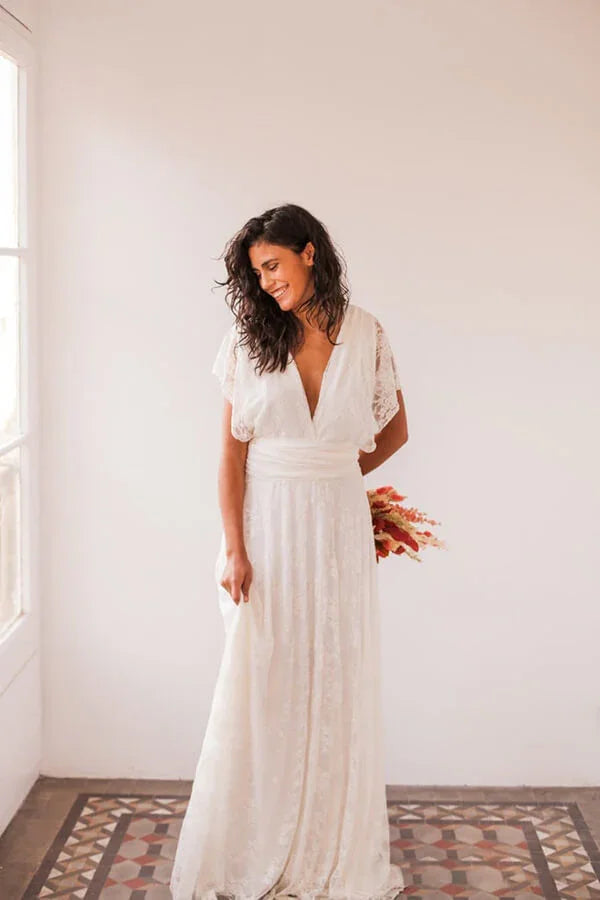 Simple Long A-line Open Back Sleeveless V-neck Lace Wedding Dress