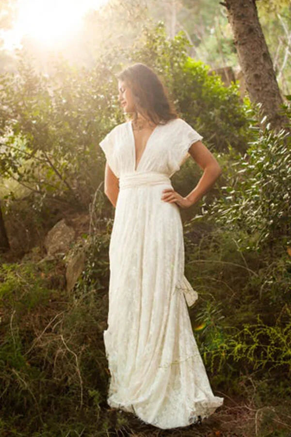 Simple Long A-line Open Back Sleeveless V-neck Lace Wedding Dress