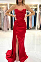 Simple sweetheart sleeveless mermaid satin prom dresses splitfront