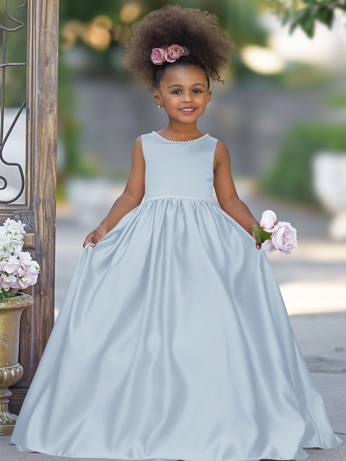 Sleeveless Satin Beaded Neckline and Bow Detail Dress
