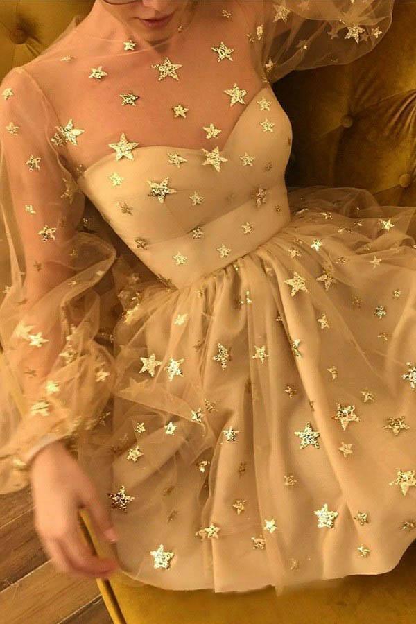 Sparkly A Line Round Neck Long Sleeves Homecoming Dress With Sequin