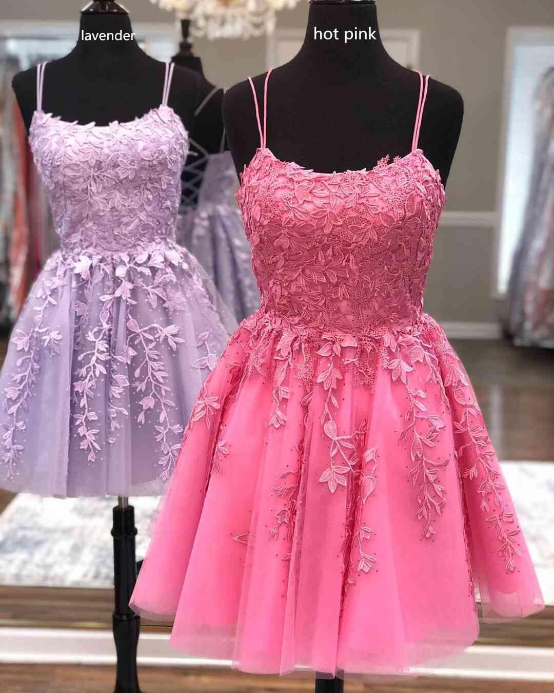 Straps Lace Applique Homecoming Dress Short Prom Dress