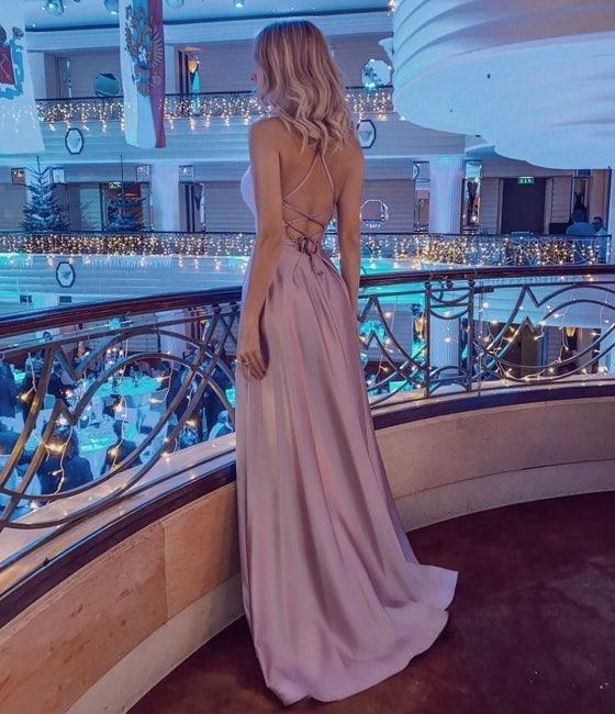 Stunning Spaghetti Straps Satin Evening Dress with Side Slit