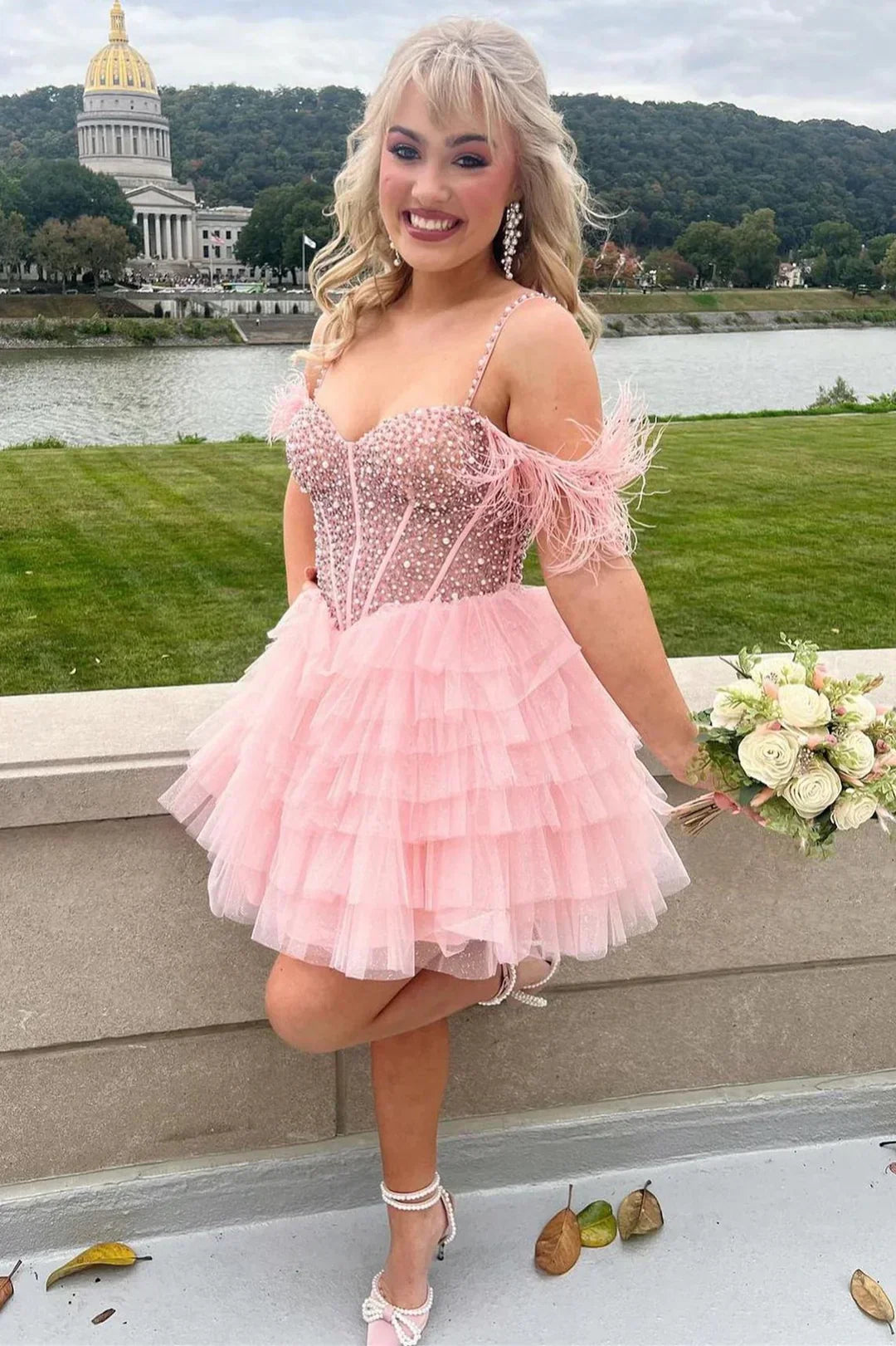 A Line Off the Shoulder Homecoming Dress with Beading